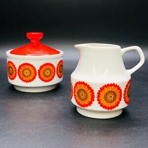 Vintage CHODZIEZ Poland Orange Flower Power Porcelain Creamer Sugar Set